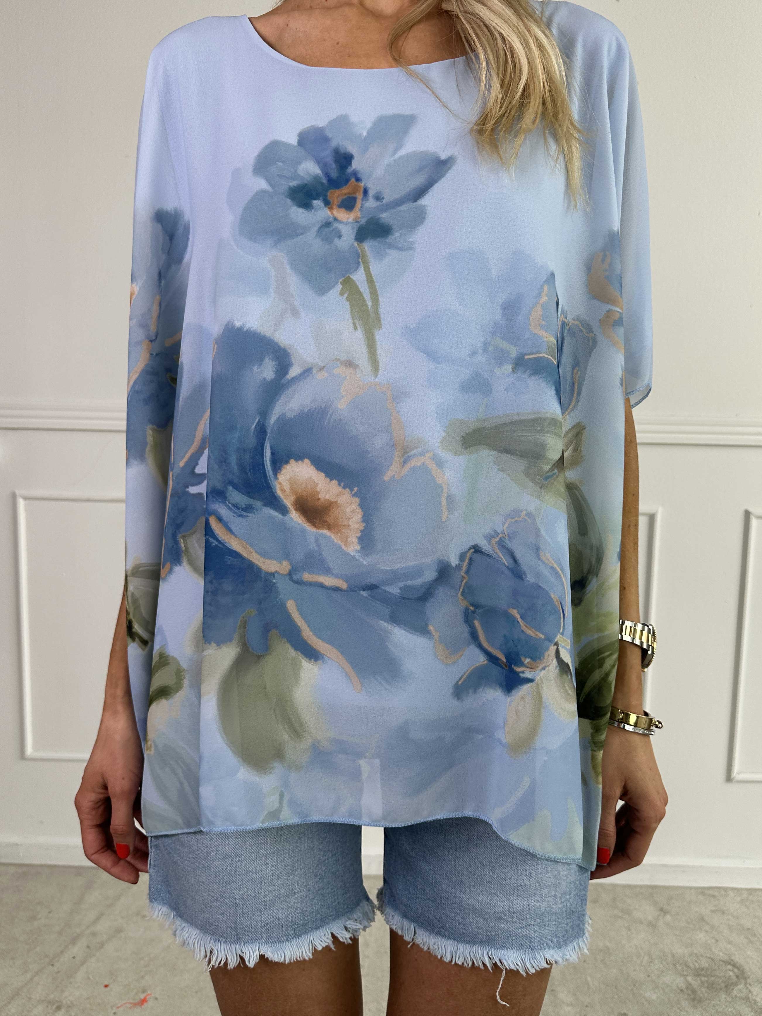Mirabella Shirt - Sød tunika med løst chiffonlag med blomstermotiver